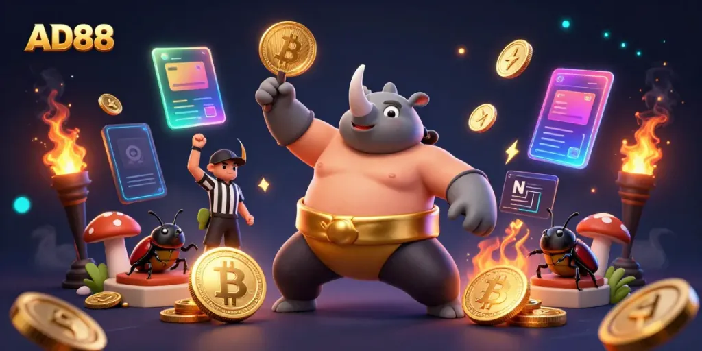 Experience the thrill of gambling with AD88's cartoon beetle champions and crypto-themed elements.