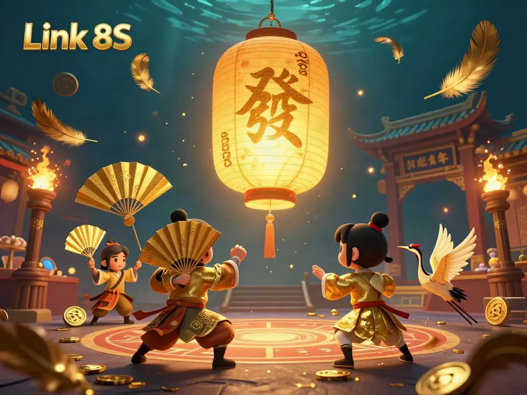 Engage in the excitement of Link 8S with vibrant casino elements, glowing lantern spirits, and dynamic warriors.