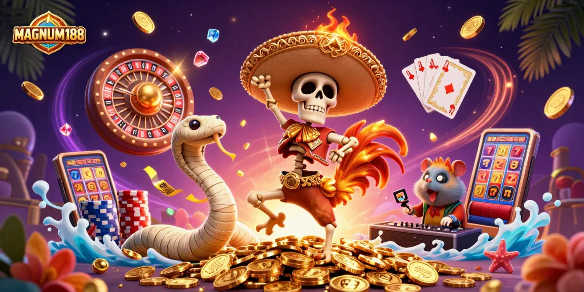 Experience the excitement of MAGNUM188 as a mariachi rooster dances amid golden coins, showcasing a vibrant casino scene.