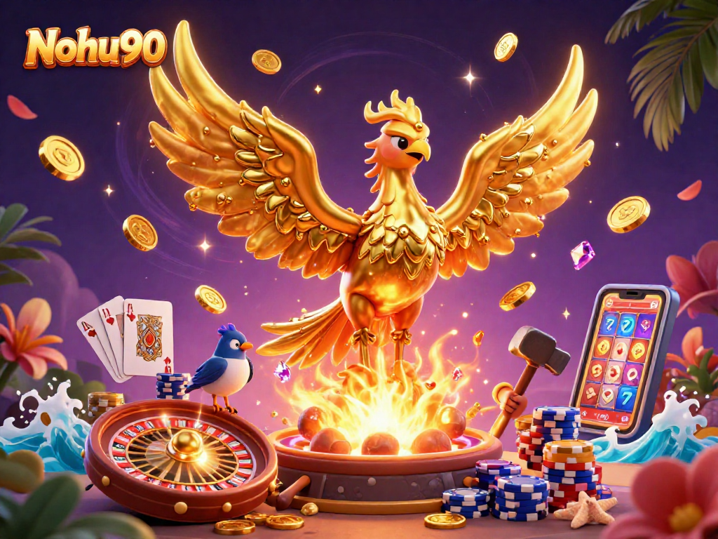 Nohu90 transforms the casino experience with a dynamic 3D scene showcasing golden phoenix and casino elements.