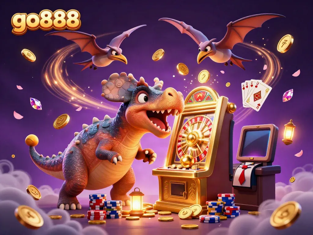 Experience mesmerizing gameplay with go888 as a dinosaur wins a jackpot amid flying coins.