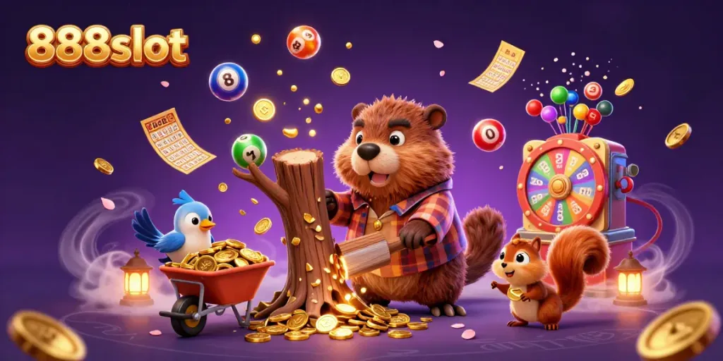 Engage with 888slot's immersive casino experience featuring vibrant cartoon characters and dynamic gaming elements.