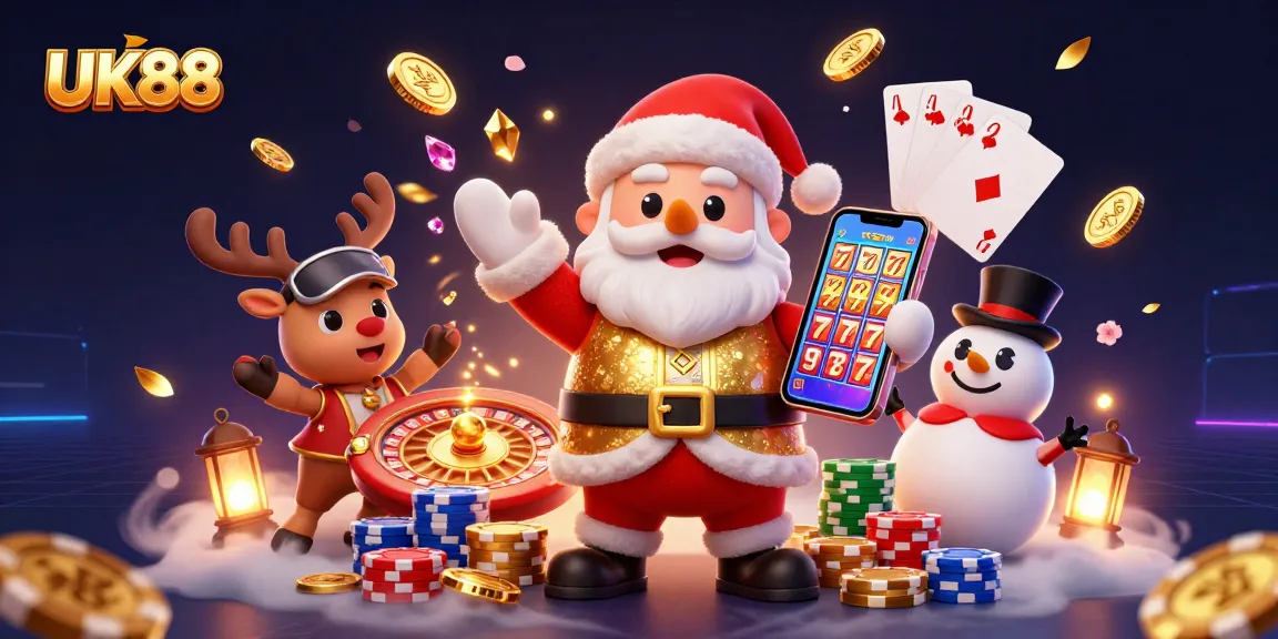 Join UK88 for an exciting casino adventure with a 3D Santa, reindeer, and snowman amidst joyous slot games.