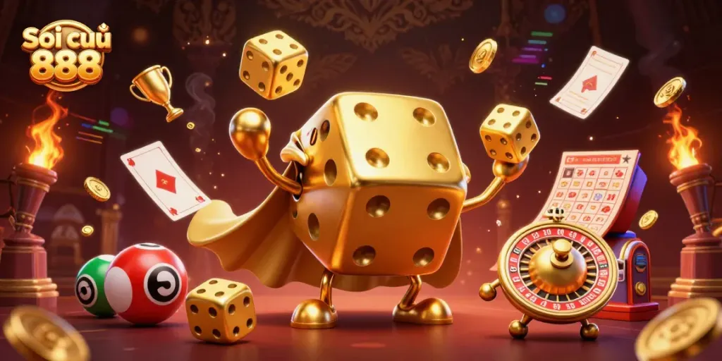 Soi cầu 888 illustration showcasing a golden dice golem juggling dice among dynamic lottery elements.