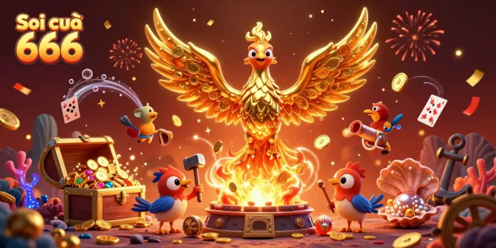 Soi cầu 666 presents a dynamic scene with golden phoenix and playful sparrows amidst an explosion of riches.