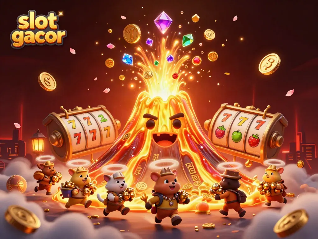 Experience the thrill of slot gacor with a dynamic scene of a volcano erupting coins and treasure.