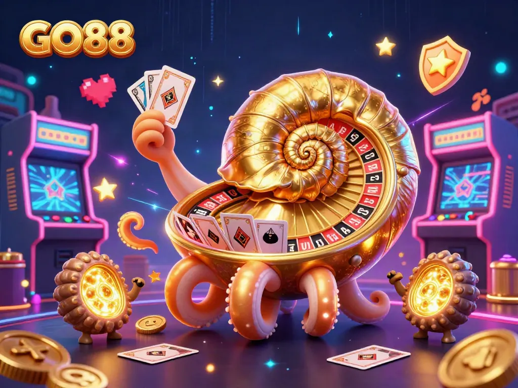 Engage with GO88's vibrant casino scene featuring ancient nautilus and glowing game elements.