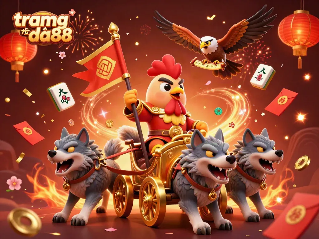 Spin the reels on tramg chủ da88 with a vibrant scene of celebration and casino energy featuring a rooster warlord.