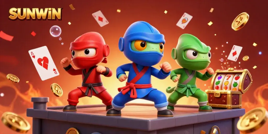 SUNWIN chameleon characters performing martial arts with gold coins and slot elements in a vibrant casino-themed setting.