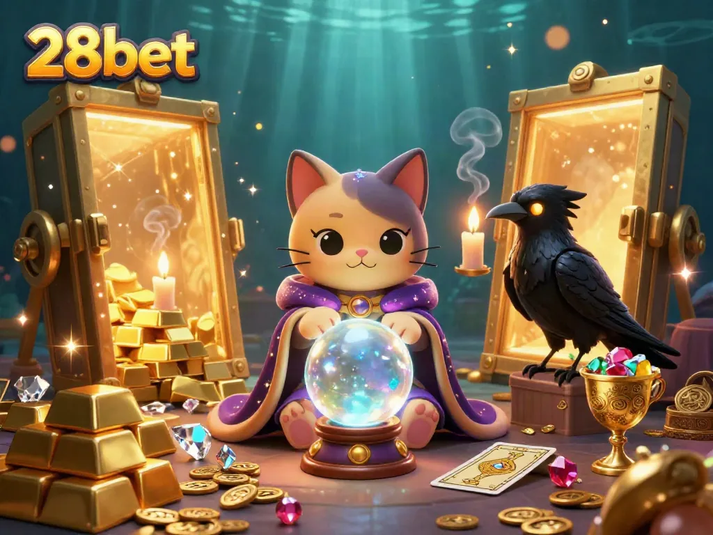 Experience the magical world of 28bet with lucky charms and treasures in a vibrant casino setting.
