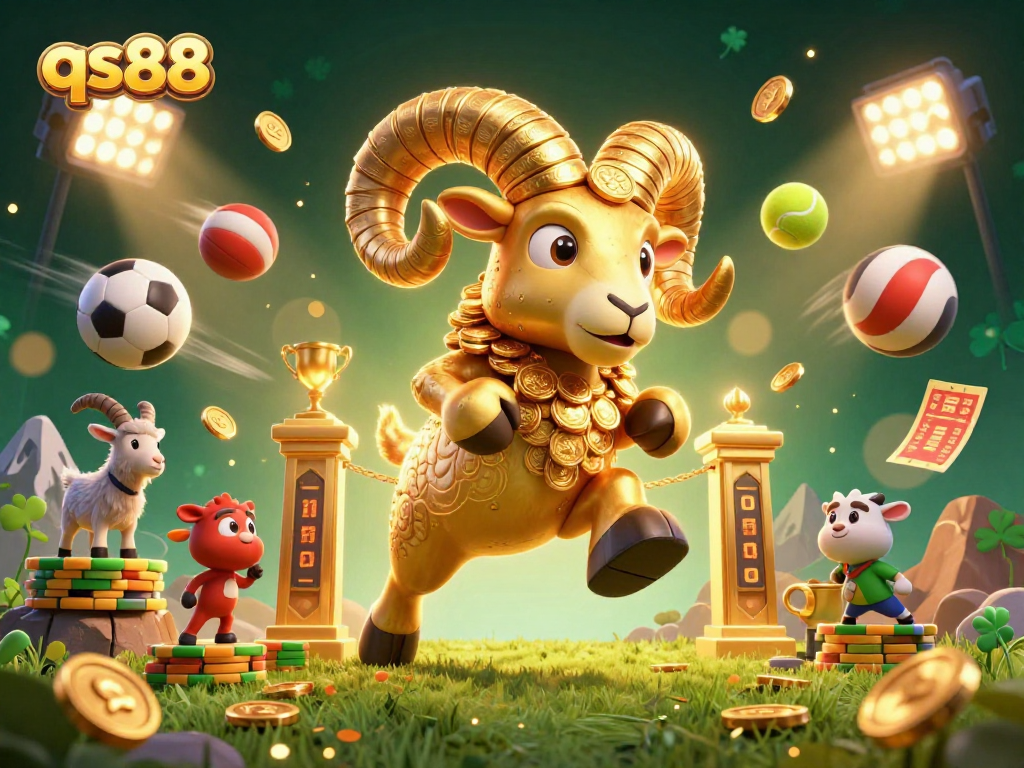 Win big with qs88 as the golden ram charges through a dynamic sports betting scene, full of exciting elements.