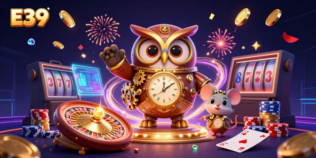 E39 platform featuring a time-traveling owl and a clockwork mouse in a vibrant casino scene celebrating with coins and cards.