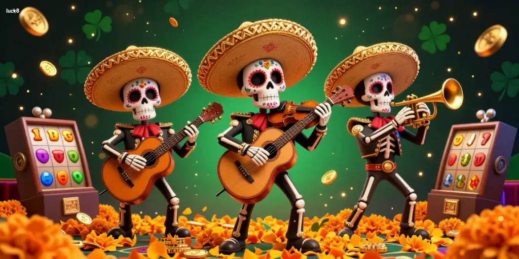 Engage with luck8's vibrant scene where Dia de los Muertos skeletons celebrate wins amidst casino elements.