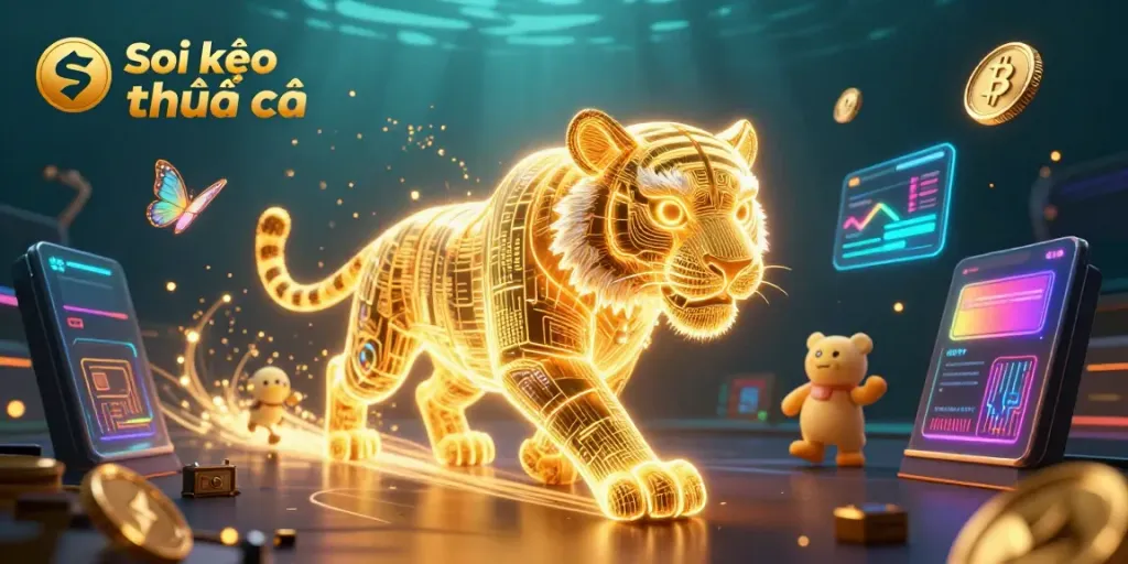 Capture the excitement of Soi kèo nhà cái with a neon tiger and crypto elements in a vibrant casino scene.
