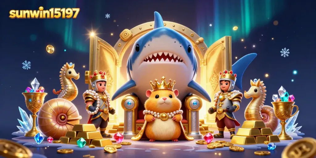 Engage in thrilling casino adventures with sunwin15197 featuring a golden hamster king on a treasure throne.