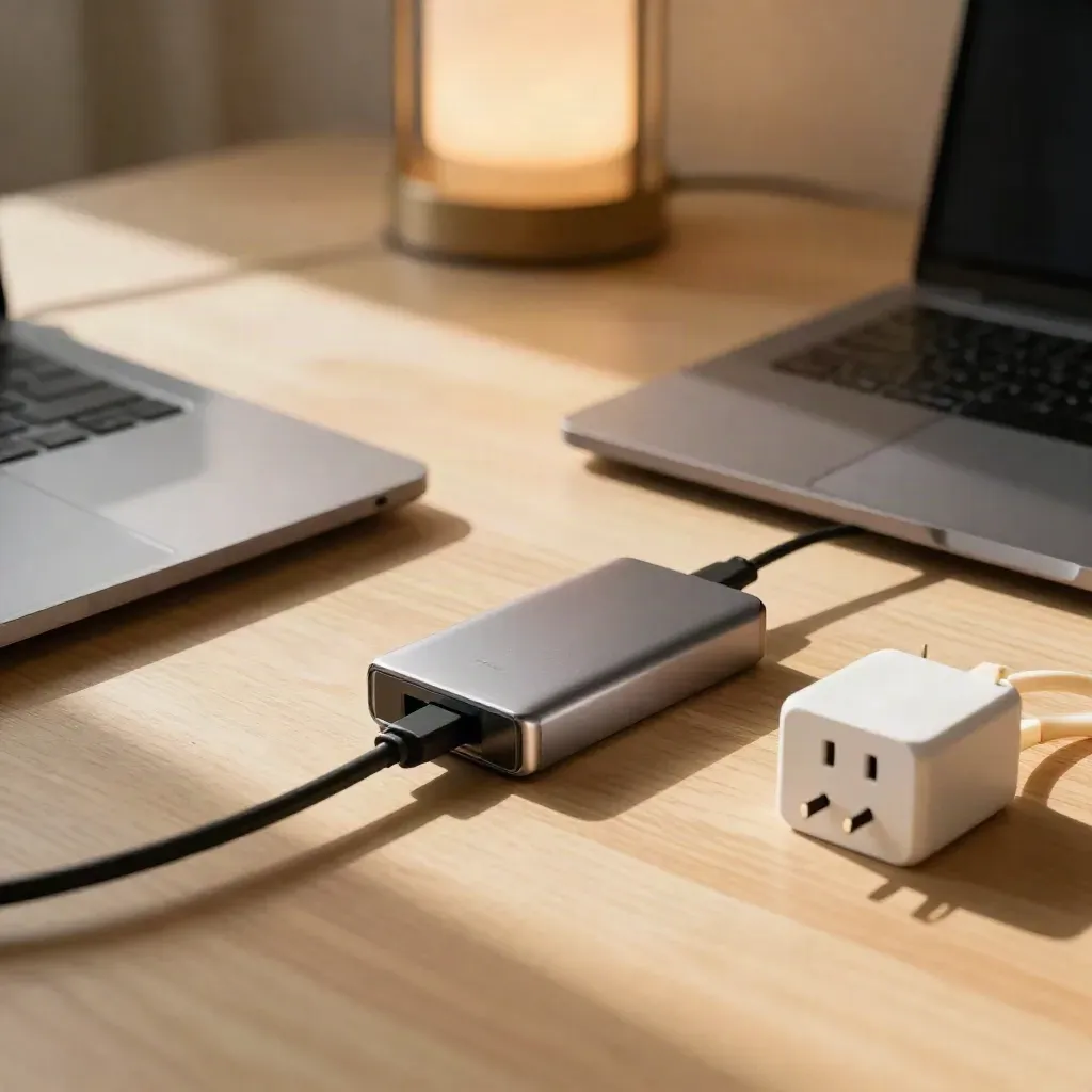 Zamknięty laptop, hub USB i smart plug na jasnym drewnie w ciepłym świetle