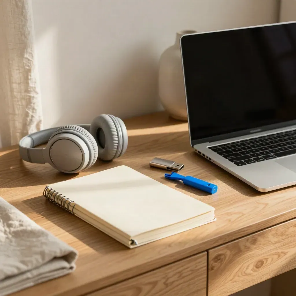 Otwarty kadr home office z zamkniętym laptopem, słuchawkami, notesami i pendrive’em w ciepłym świetle