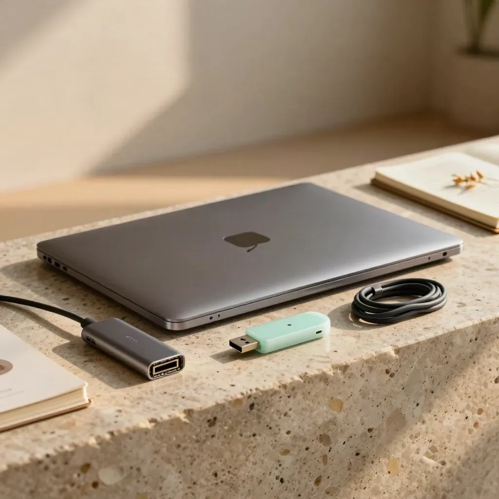 Zestaw wdrożeniowy AI na kamiennym parapecie: laptop, adapter, pendrive, kabel i notes w ciepłym świetle.