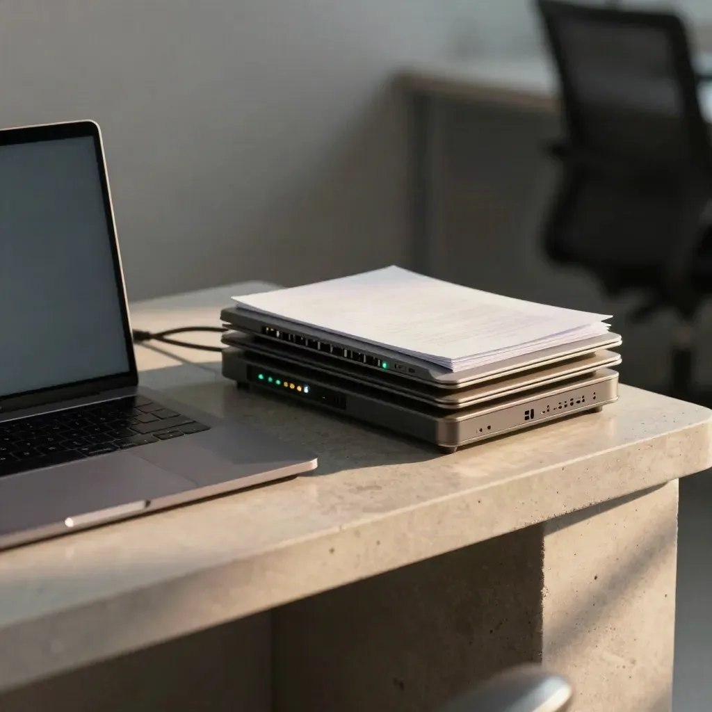 Zamknięty laptop, hub i tace z raportami na betonowej konsoli, zielona dioda statusu.