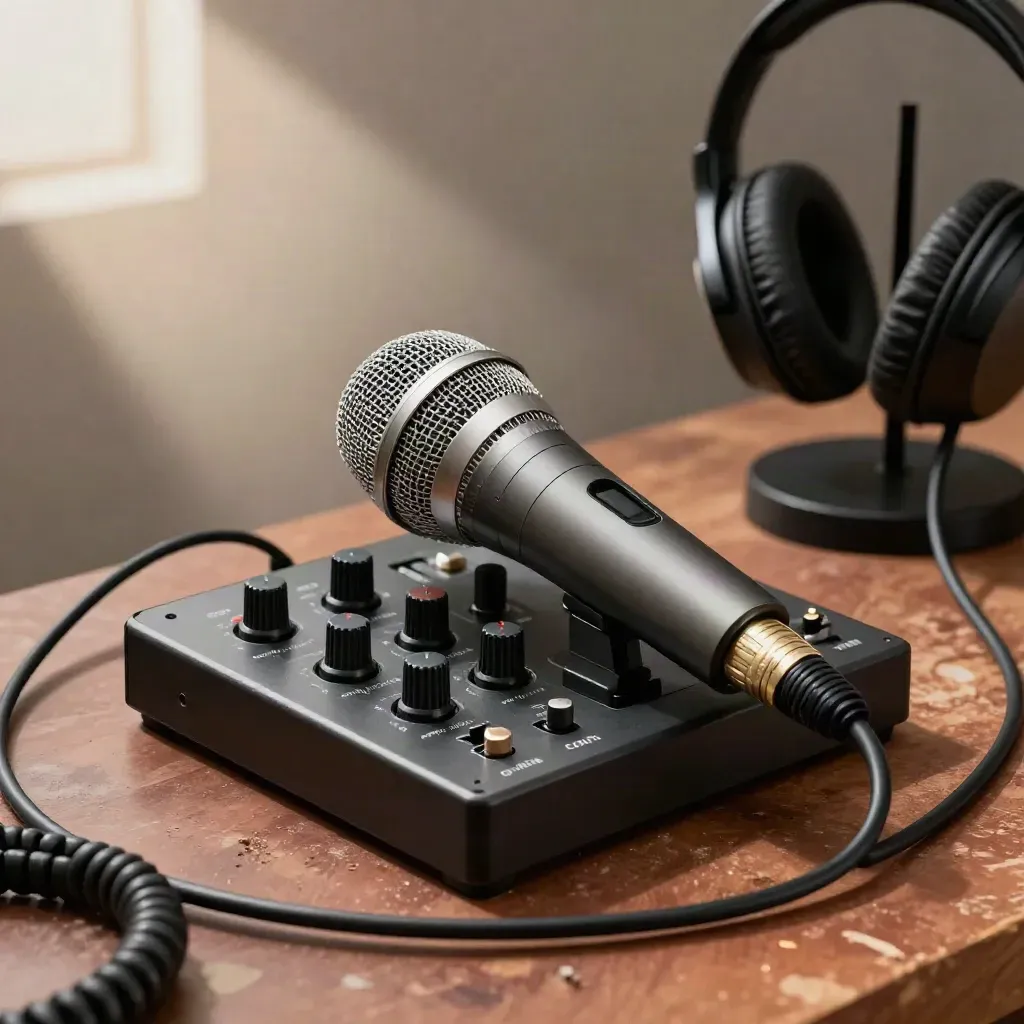 Mikrofon, gałki miksera audio i lampka tally w kompaktowym zestawie webinarowym