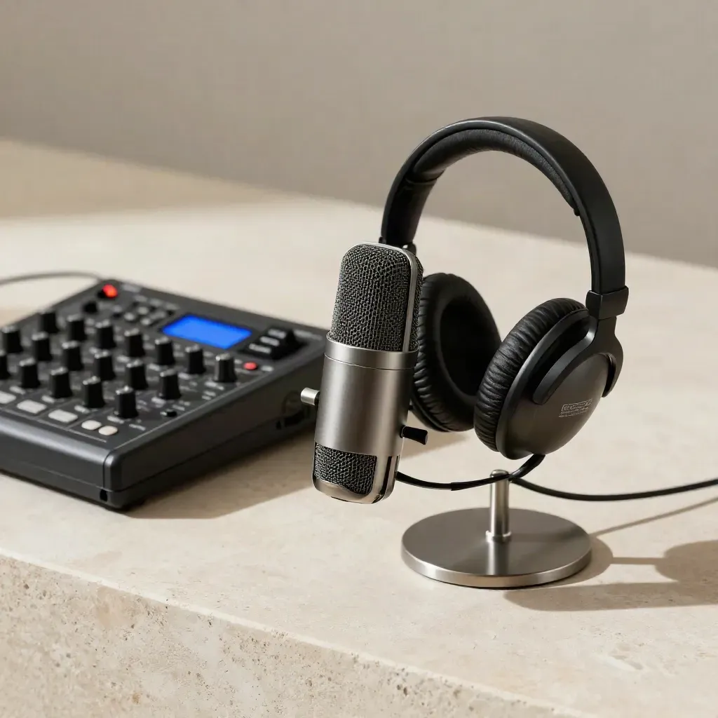 Mikrofon, stojak na słuchawki i mikser audio na jasnym tynku z niebieską diodą.