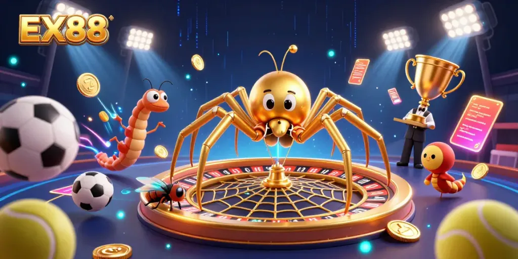 Engage in thrilling bets at EX88 with a golden spider spinning a roulette web.