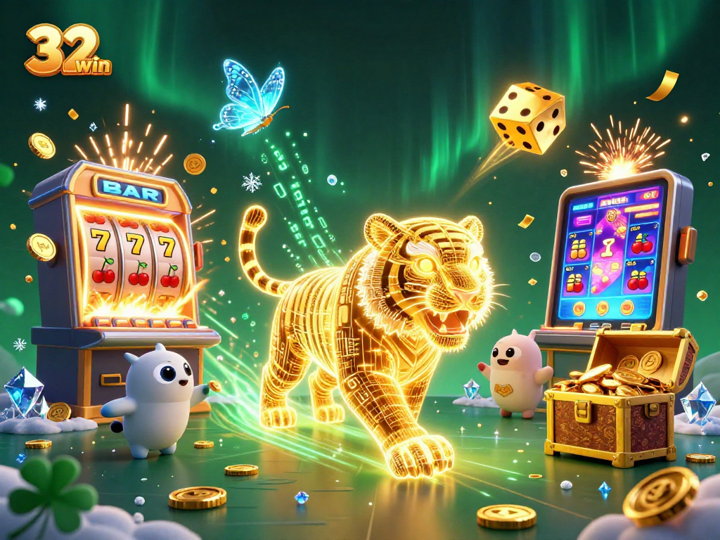 Experience the thrill of winning big at 32 win with a dazzling digital casino scene featuring a golden tiger and exciting jackpot!