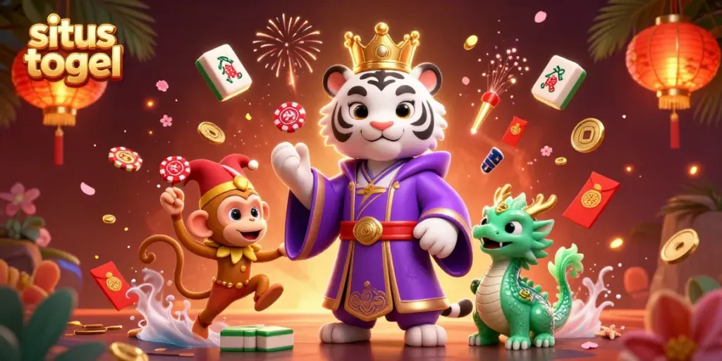 Experience the excitement of situs togel with a vibrant 3D illustration showcasing a royal tiger, jester monkey, and jade dragon.