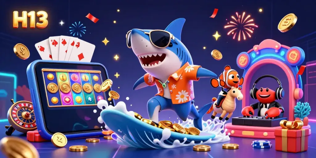 Engage in thrilling online casino gameplay with H13's vibrant illustration featuring a shark, clownfish, and crab.