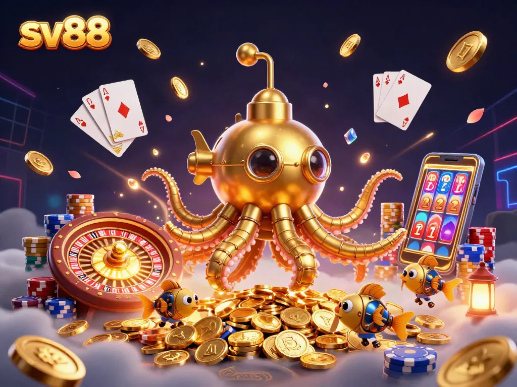 Experience thrilling wins at sv88 with a vibrant, dynamic casino scene featuring a golden kraken and games.