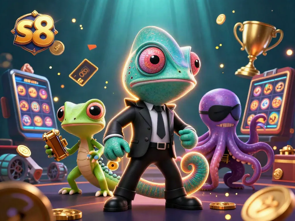 Spin the reels and win at s8, featuring a chameleon agent, gecko gadgets, and a villainous octopus in action.
