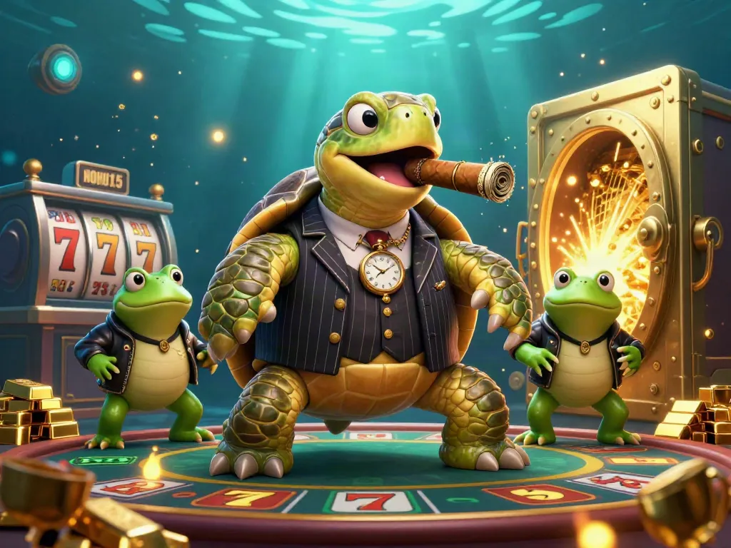 Experience the gaming excitement at NOHU115 with a vibrant casino scene featuring a mobster turtle, bullfrogs, and slot elements.