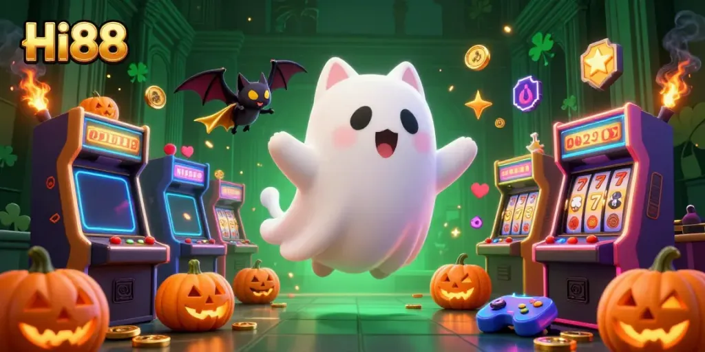 Experience the thrill of HI88 with a ghost cat and vampire bat in a haunted casino.