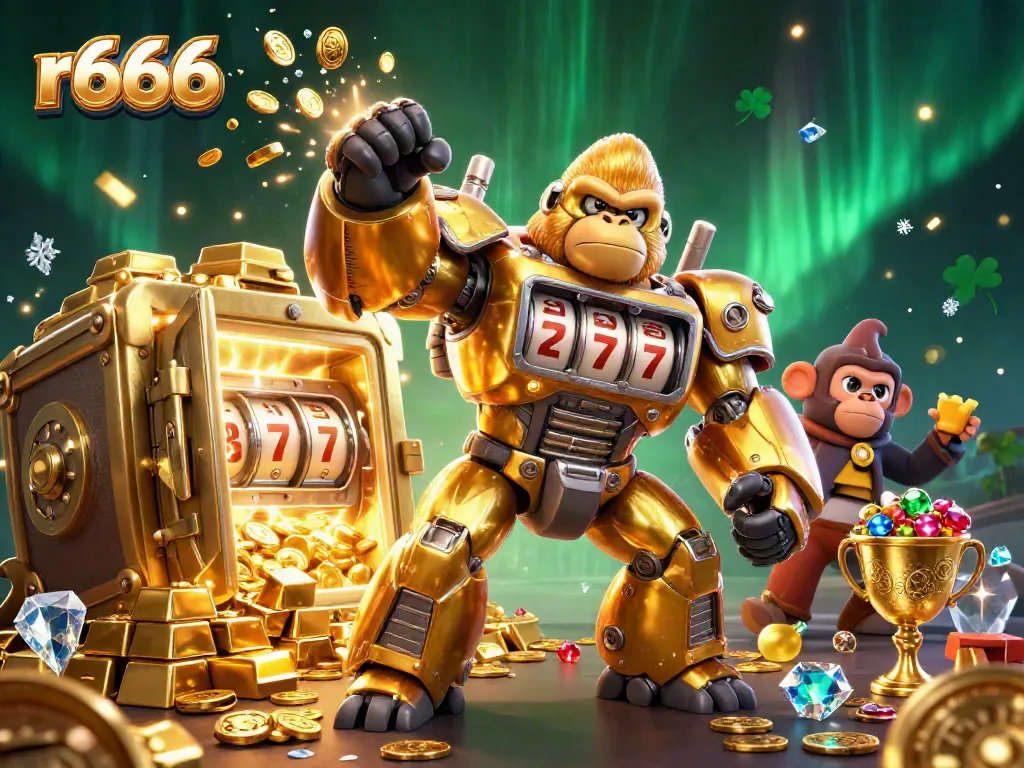 Experience thrilling casino action with r666 as golden gorilla mech explodes with coins.