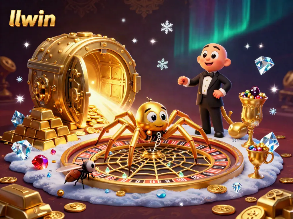 Engage with llwin's gaming experience as a dazzling spider spins roulette web amidst gold and jewels.