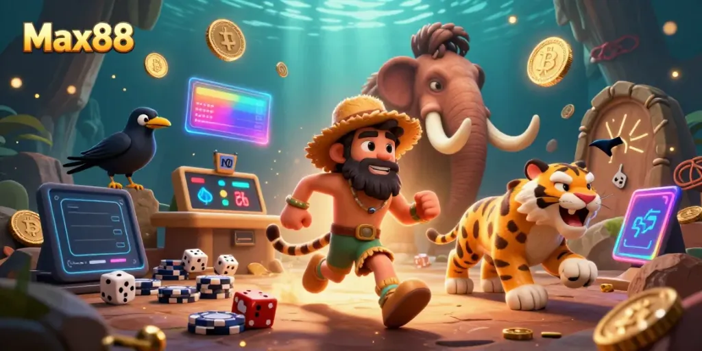 Experience dynamic betting with Max88 in a vibrant prehistoric casino scene.