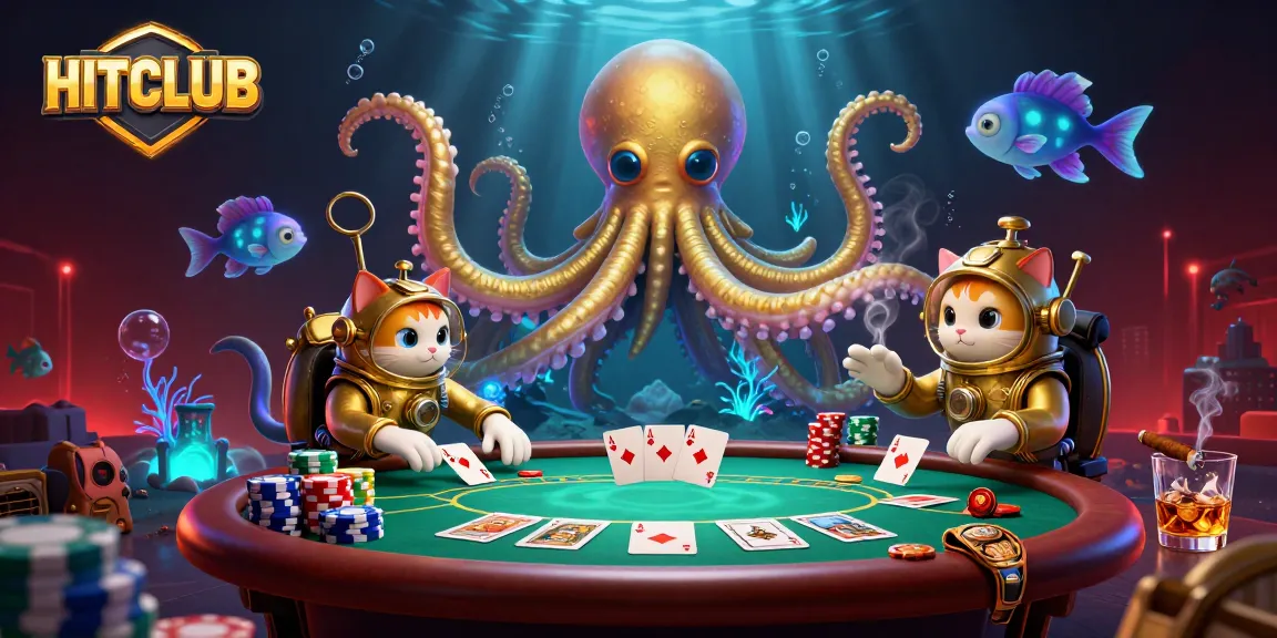 HITCLUB showcases a vibrant casino scene with a kraken and vintage cat, poker elements abound.