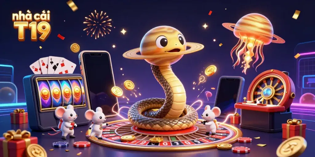 Experience the excitement at nhà cái T19 with vibrant cosmic characters and engaging casino elements.