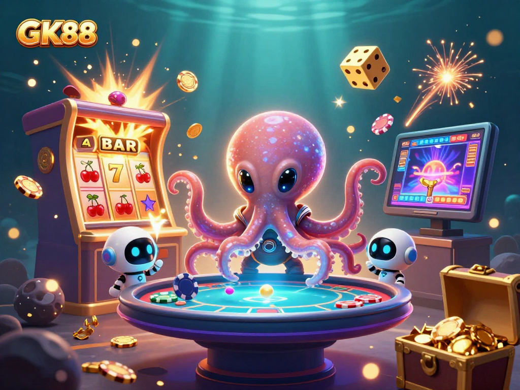 Experience the thrill of GK88 casino with an alien octopus and vibrant gaming elements!