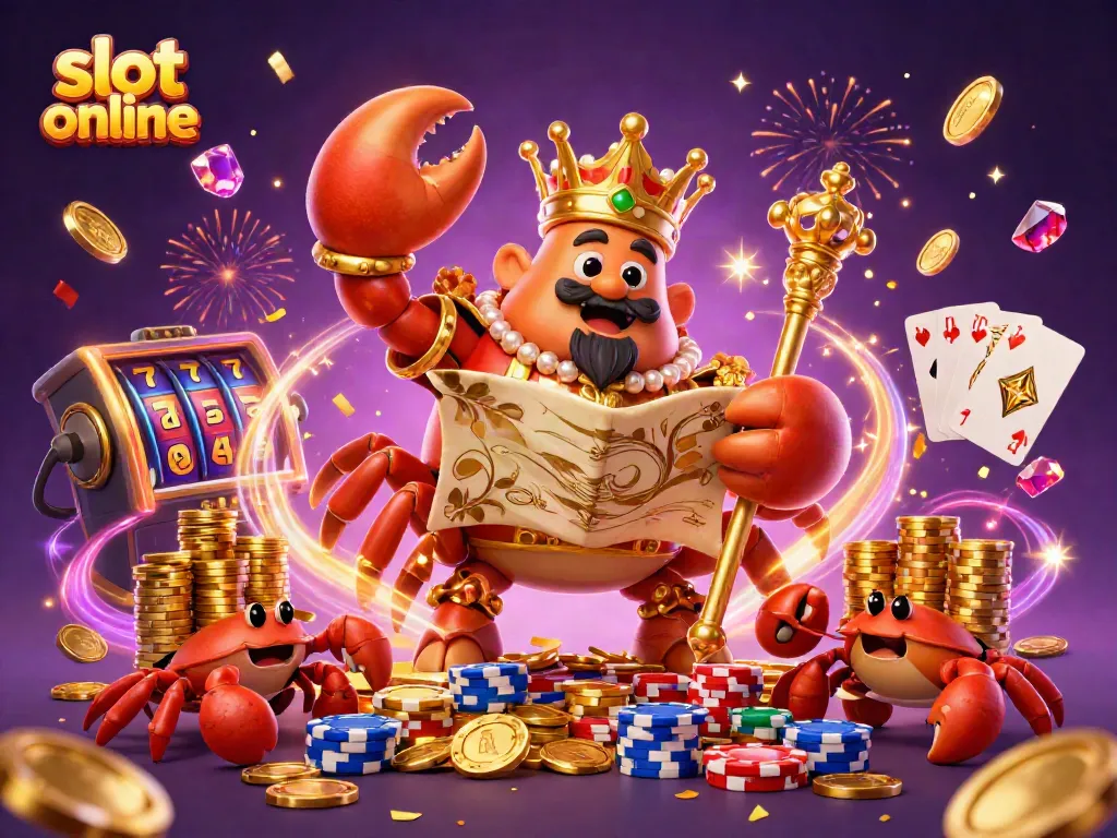 Play dynamic slot online games with a golden crab emperor and treasure symbols.