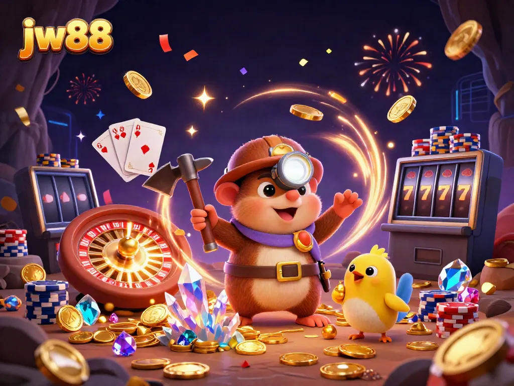 Experience thrilling gameplay at jw88 with a treasure hunter discovering riches in a vibrant casino scene.
