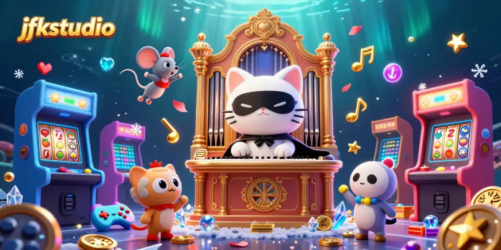 Experience an exciting gaming adventure with jfkstudio's vibrant casino scene featuring animated characters and elements.