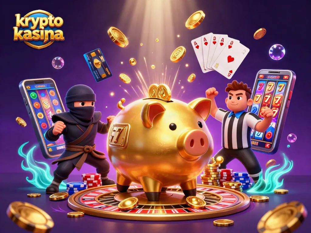Experience krypto kasyna excitement with a golden piggy bank and animated casino elements.