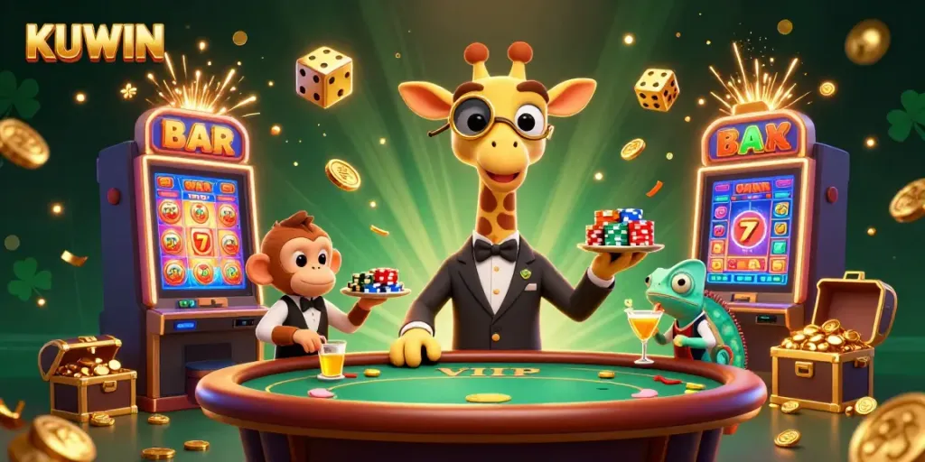 Experience the excitement of KUWIN with a lively casino scene featuring a giraffe, monkey, and chameleon amidst gaming action.