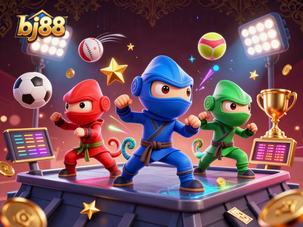 Bet on bj88 with a captivating scene of ninja chameleons and flying sports elements.
