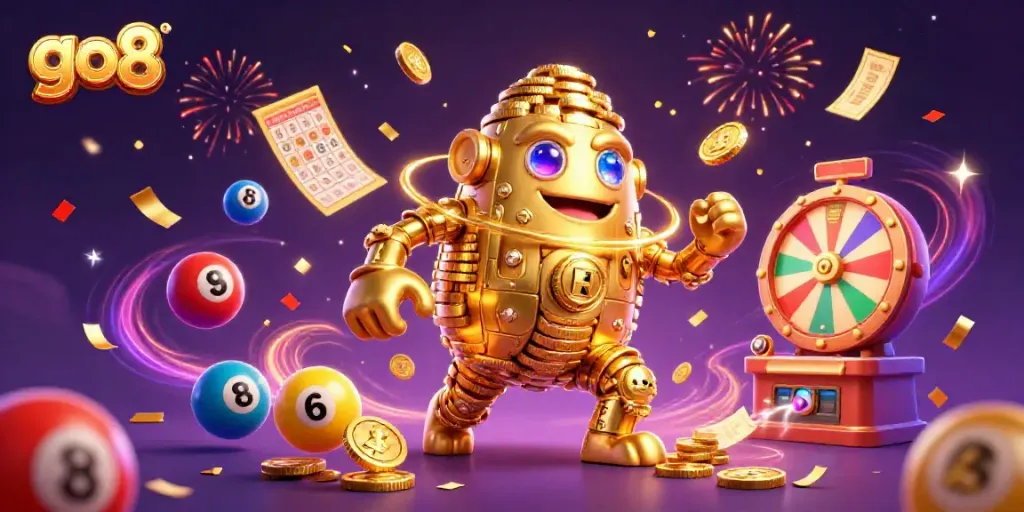 Experience the excitement at go8 casino with vibrant games and lottery balls flying through the air.