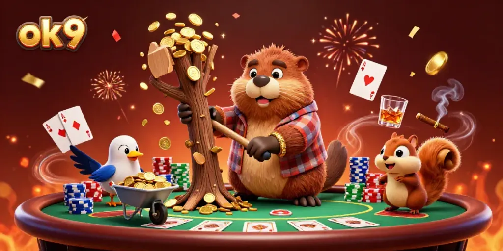 Cheerful cartoon scene with ok9 characters celebrating casino wins and collecting coins.