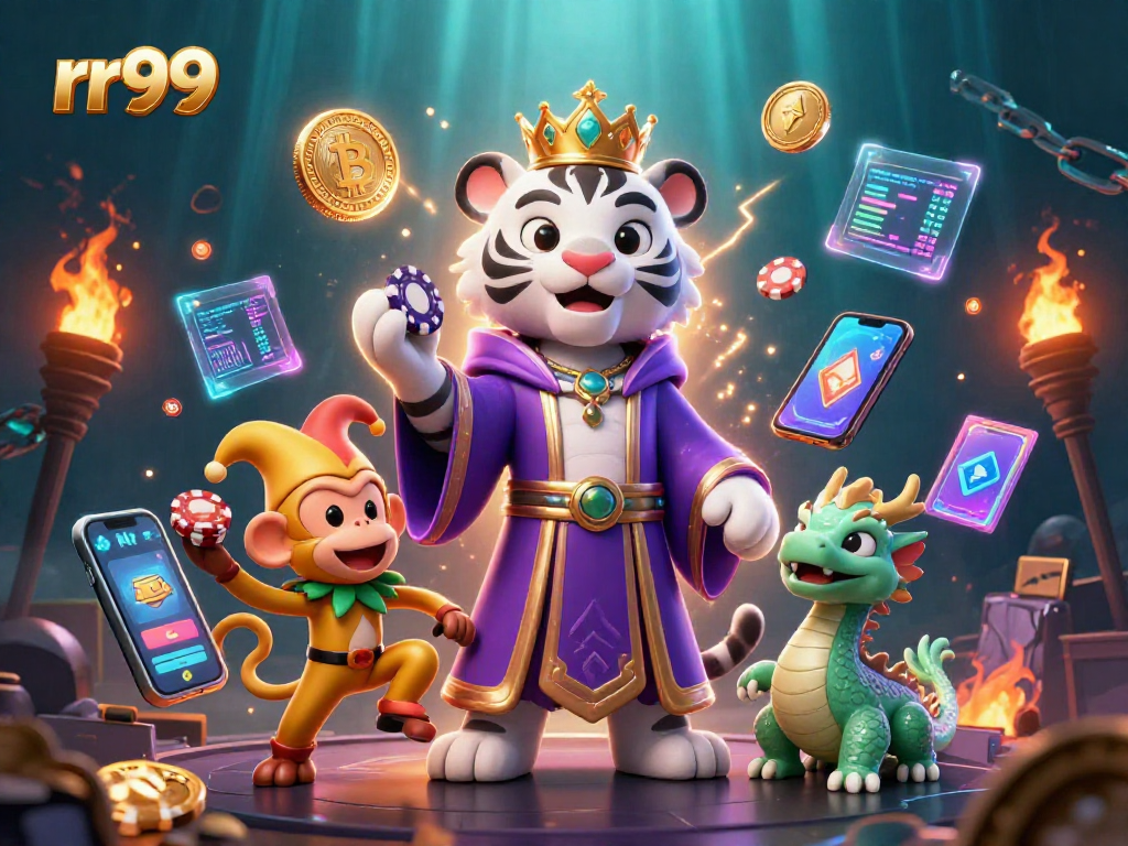 Engage with rr99's vibrant gambling scene featuring a royal tiger, playful monkey, and dynamic crypto elements.