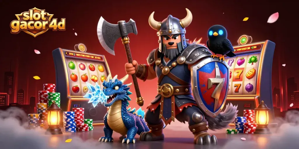 Mengguncang permainan slot gacor 4d dengan karakter Viking, naga, dan burung gagak dalam ilustrasi 3D penuh warna