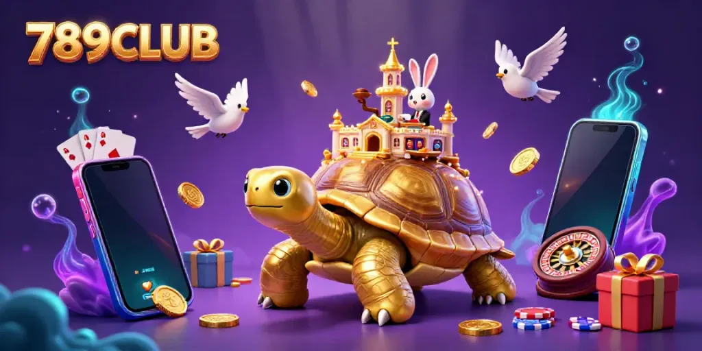 Experience the thrill of 789CLUB with a vibrant 3D casino scene featuring a golden tortoise and dynamic gaming elements.